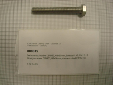 Hexagon screw DIN933,M8x60mm,stainless steel,P/M12-18