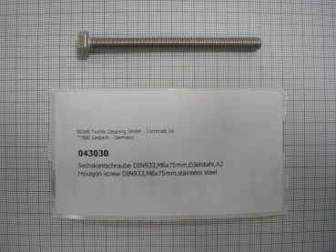 Hexagon screw DIN933,M6x75mm,stainless steel