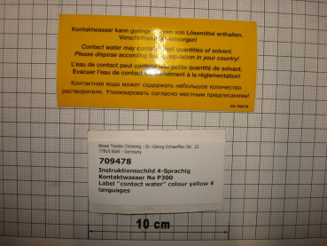 Label "contact water" colour yellow 4 languages