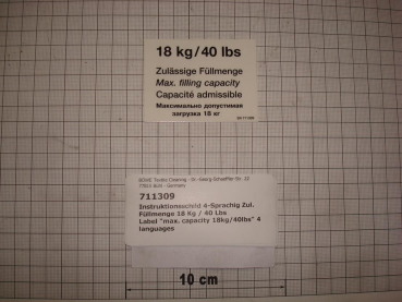 Label "max. capacity 18kg/40lbs" 4 languages