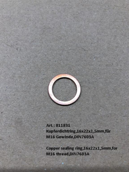 Copper sealing ring,16x22x1,5mm,for M16 thread,DIN7603A